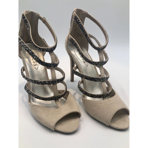 GUESS WGHALSTON Beige Sand‎ Metallic GRAY Rhinestone Heel Strappy Sandal Evening - Picture 1 of 11
